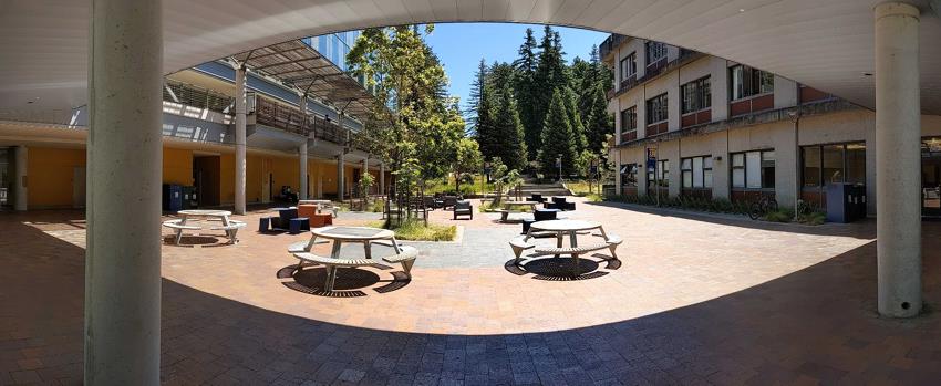 Image of the courtyard. It's sunny. To the right are bike racks.